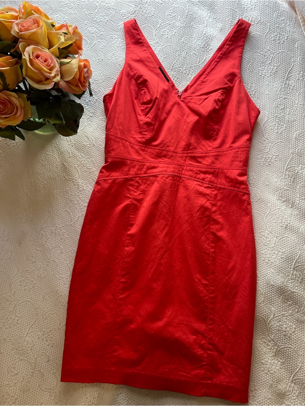 bebe Red V-Neck Midi Sheath Dress